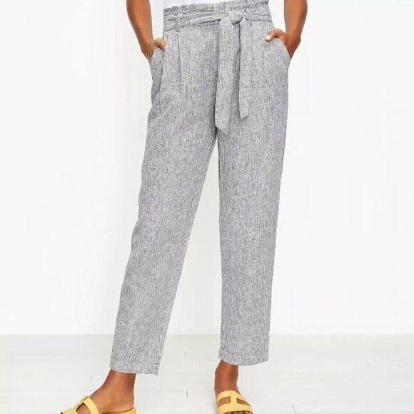 Loft Paperbag Pull On Pants Striped Linen Belted Size Medium - Picture 2 of 9